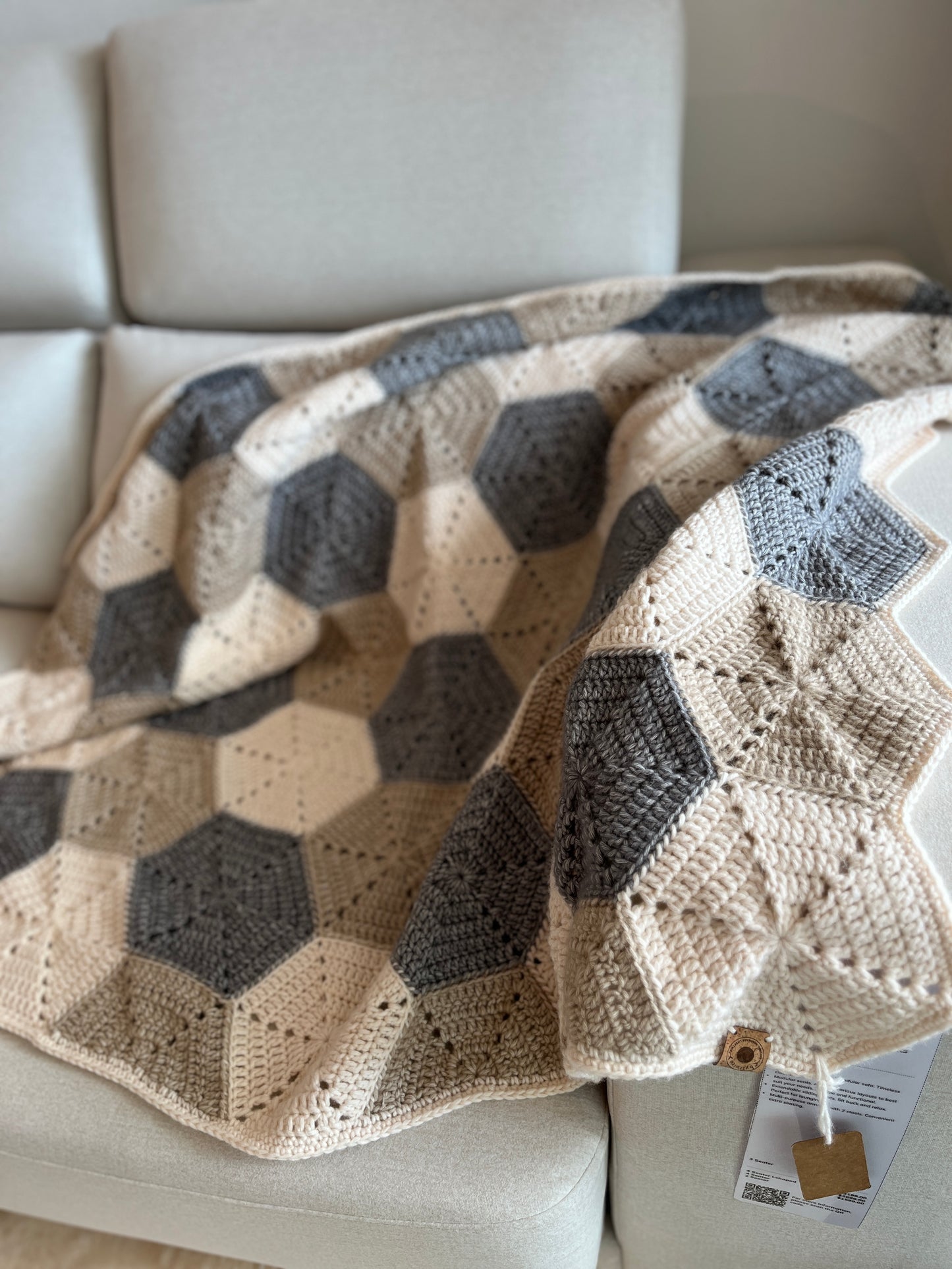 crochet blanket, throw blanket, hexagon motifs, neutral colours, handmade, cotton-blend, wool-sensitive, custom throw blanket