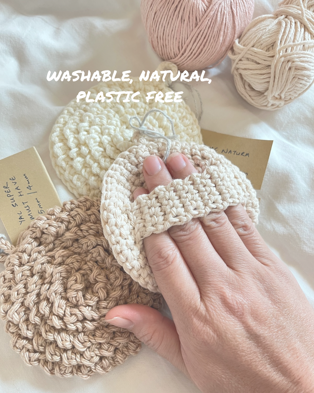 sustainable alternative, natural fiber bath & body sponge handmade in organic cotton, suitable for sensitive skins, plastic free, washable & reusable