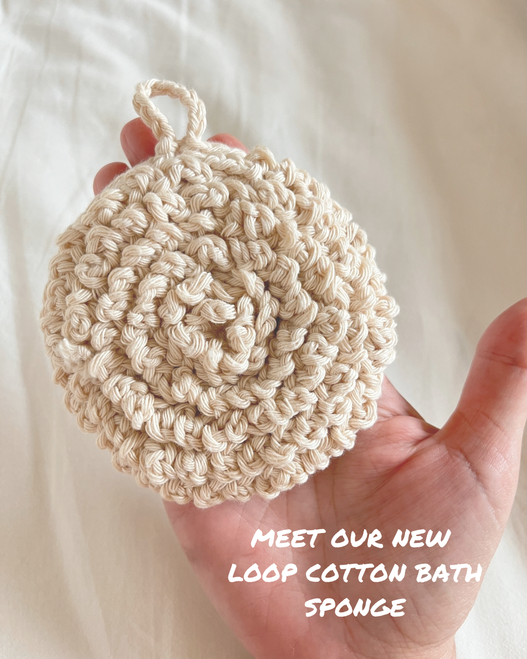 sustainable alternative, natural fiber bath & body sponge handmade in organic cotton, suitable for sensitive skins, plastic free, washable & reusable