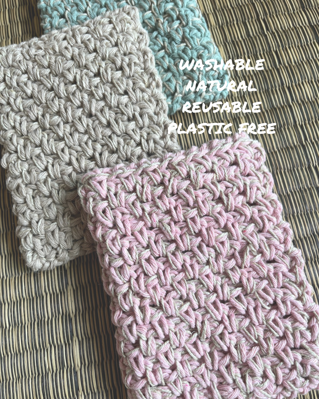 3 recycled cotton reusable dish sponge, natural materials, plastic free, non toxic, natural, environmentally friendly kitchen tools