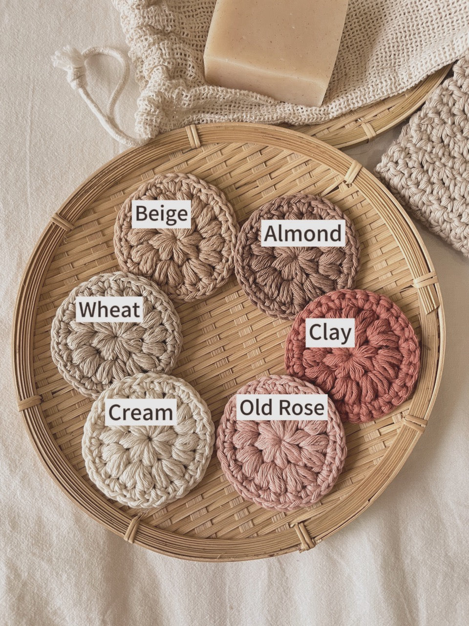 reusable cotton rounds, makeup remover wipes, sustainable skincare essentials, handmade in natural fibers, zero waste alternative to single-use, plastic-free