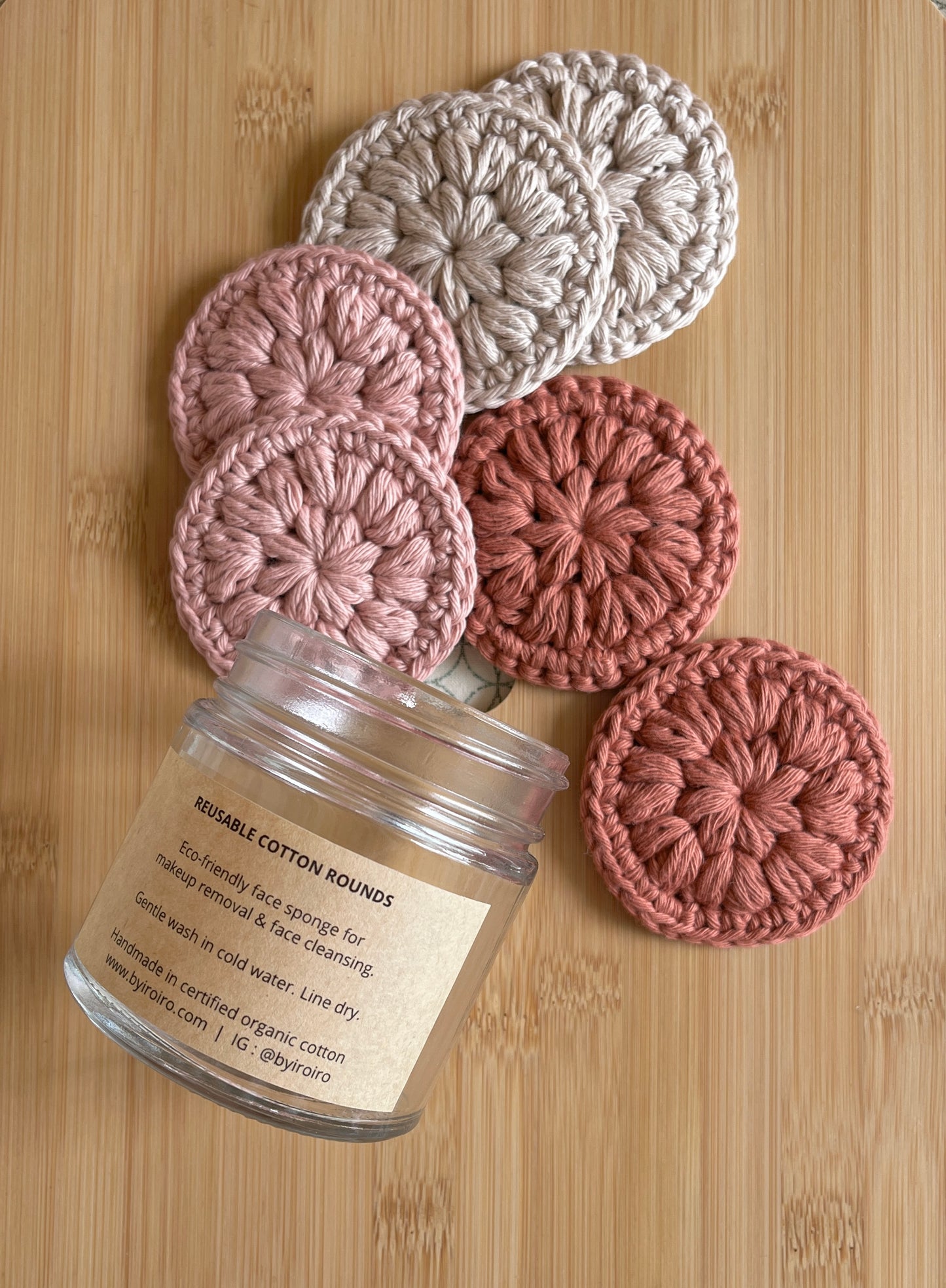 reusable cotton rounds, makeup remover wipes, sustainable skincare essentials, handmade in natural fibers, zero waste alternative to single-use, plastic-free