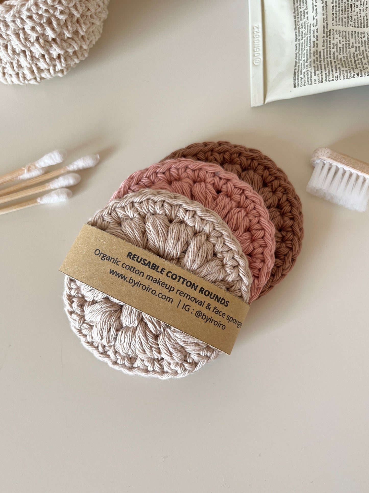 reusable cotton rounds, makeup remover wipes, sustainable skincare essentials, handmade in natural fibers, zero waste alternative to single-use, plastic-free