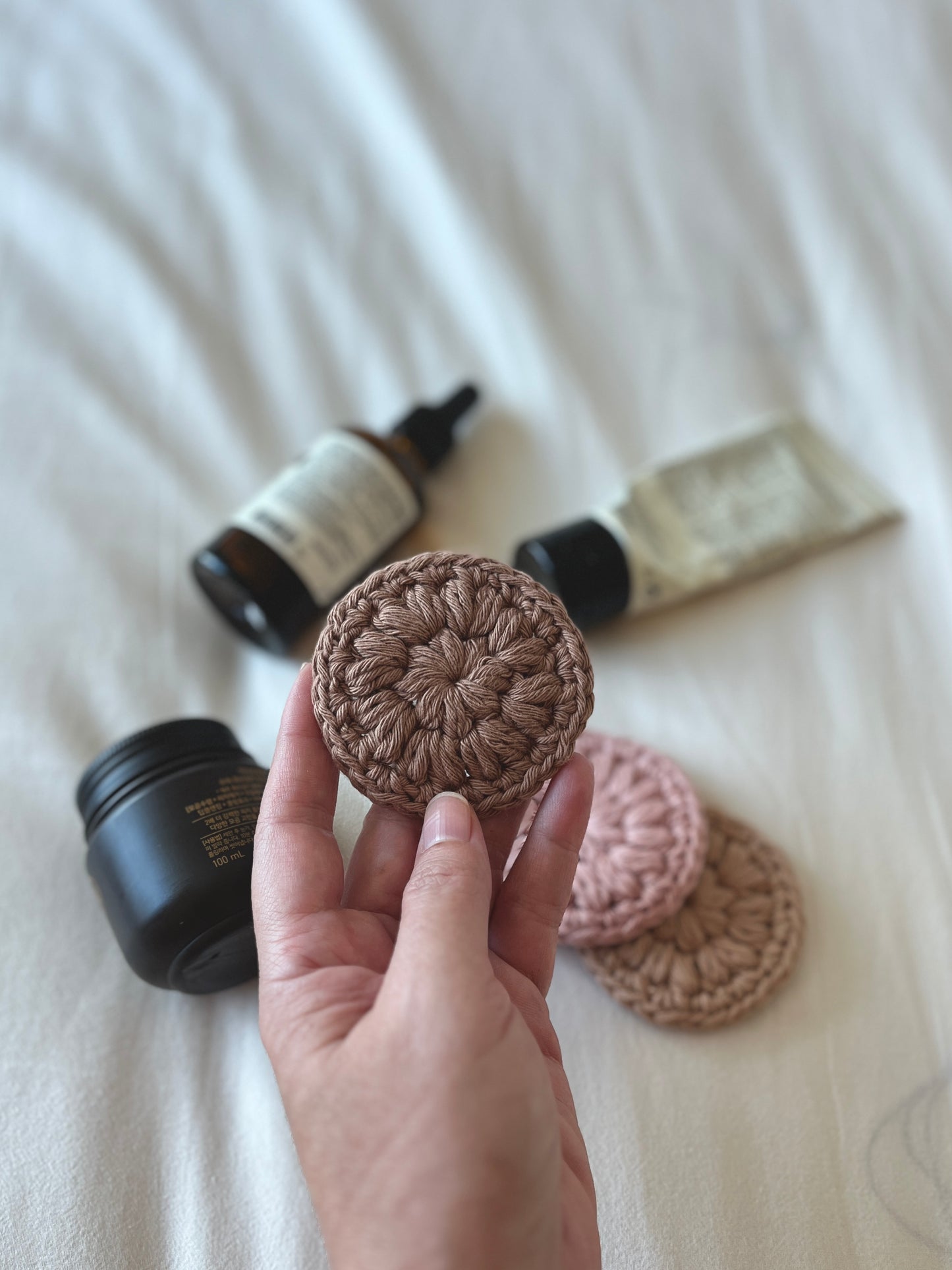 reusable cotton rounds, makeup remover wipes, sustainable skincare essentials, handmade in natural fibers, zero waste alternative to single-use, plastic-free