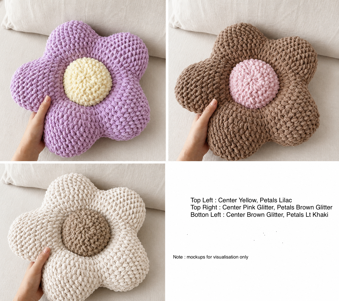 A 2x2 collage showing three crocheted flower-shaped pillows held by hands on a white sofa, with a text note in the bottom right listing color options: lavender with cream center, brown with pink center, and cream with taupe center.