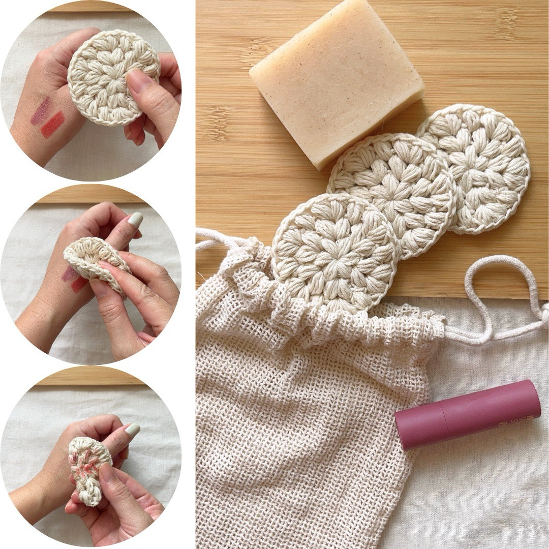 reusable cotton rounds, makeup remover wipes, sustainable skincare essentials, handmade in natural fibers, zero waste alternative to single-use, plastic-free