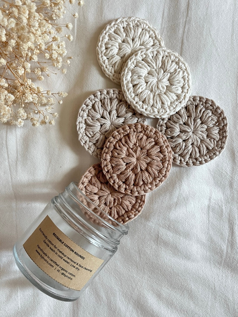 reusable cotton rounds, makeup remover wipes, sustainable skincare essentials, handmade in natural fibers, zero waste alternative to single-use, plastic-free