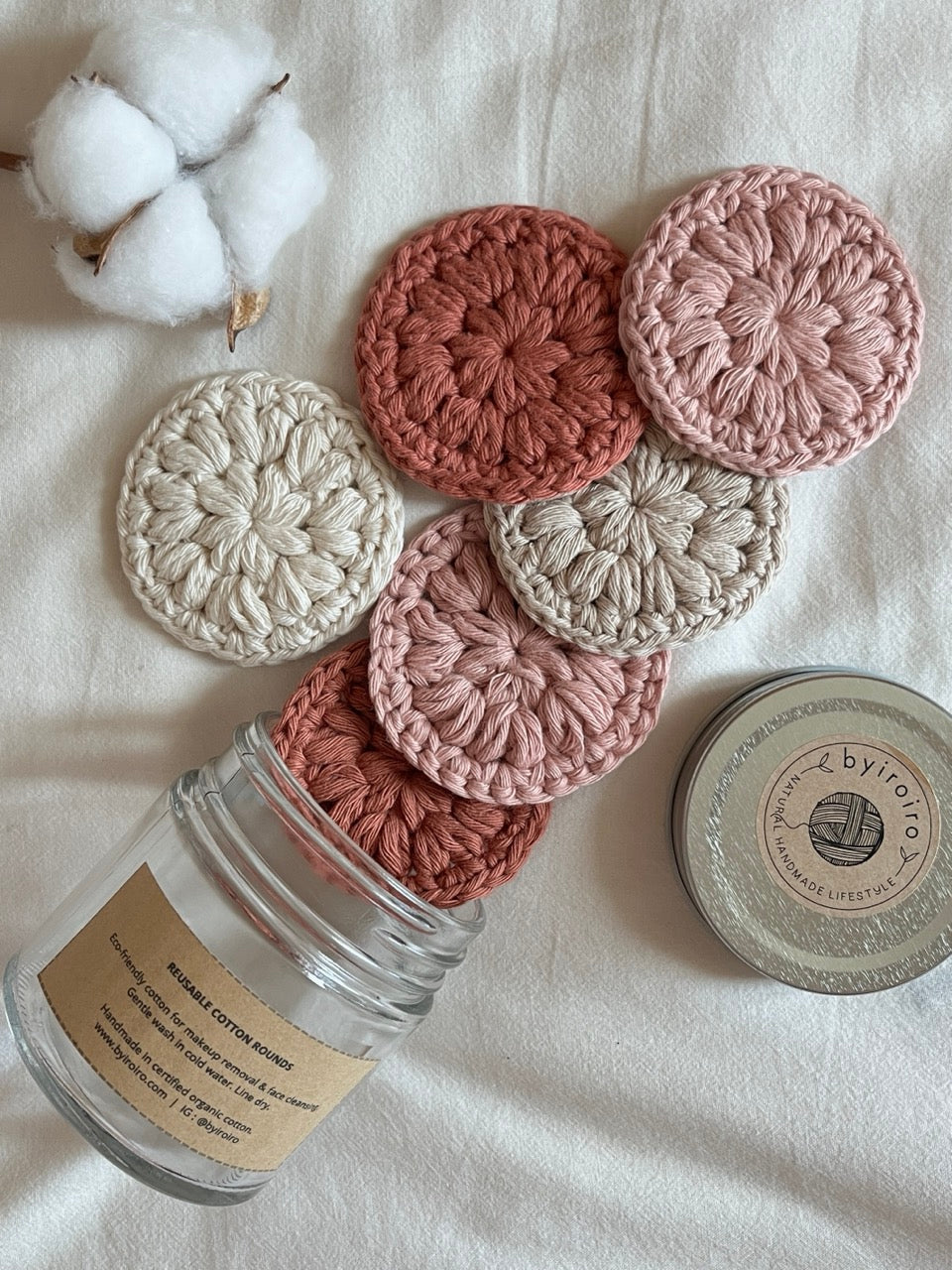 reusable cotton rounds, makeup remover wipes, sustainable skincare essentials, handmade in natural fibers, zero waste alternative to single-use, plastic-free