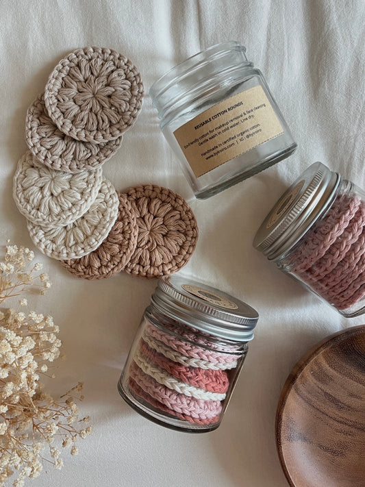 reusable cotton rounds, makeup remover wipes, sustainable skincare essentials, handmade in natural fibers, zero waste alternative to single-use, plastic-free